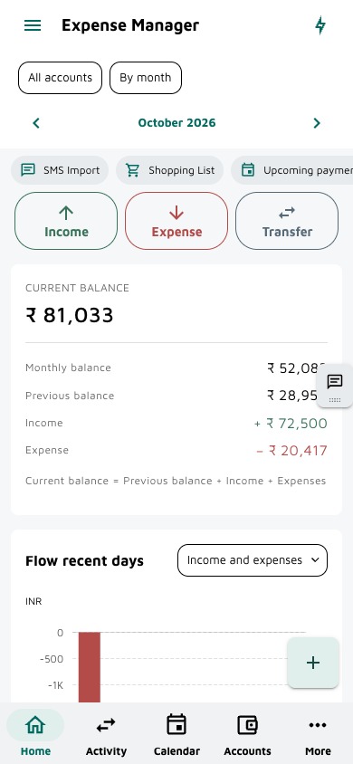 Pro dashboard with fictional income, expenses and account balances