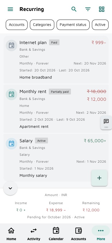 Sample recurring payments showing paid and remaining amounts